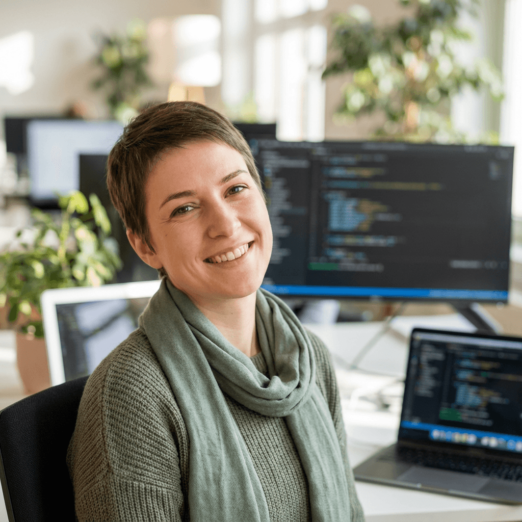 Female customer success specialist in early 30s in bright office environment