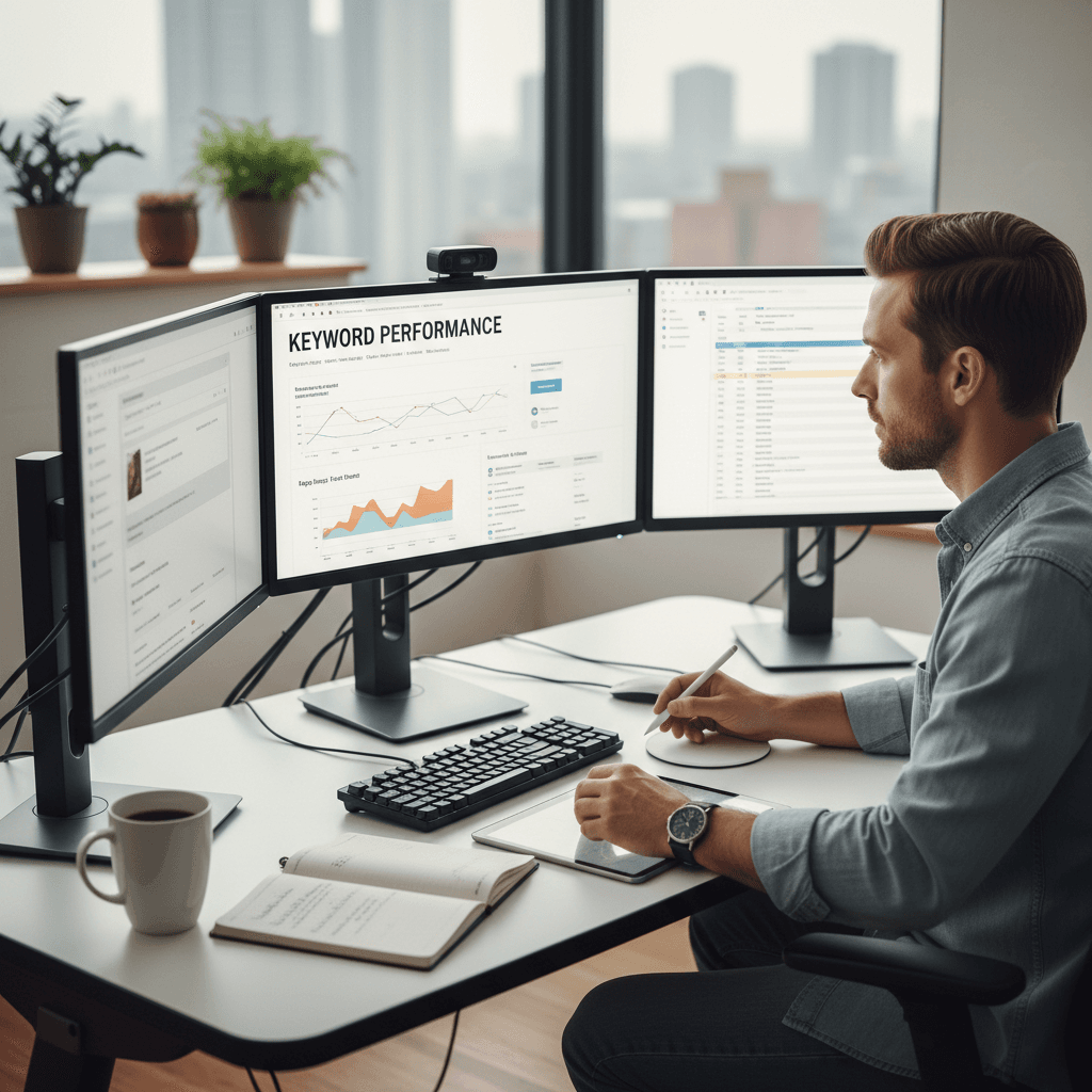 SEO specialist working at desk with monitors