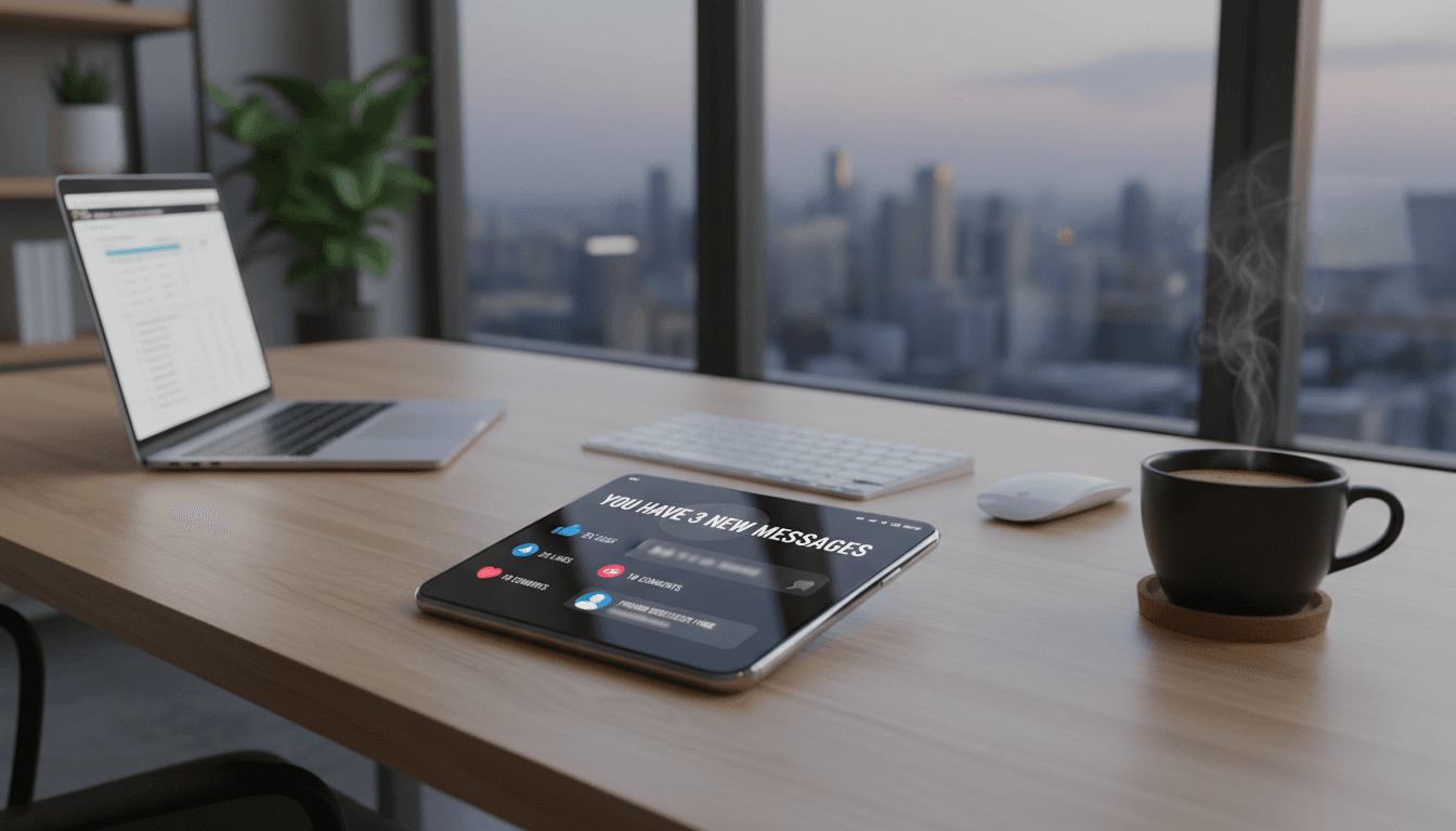 Modern office desk with smartphone and coffee